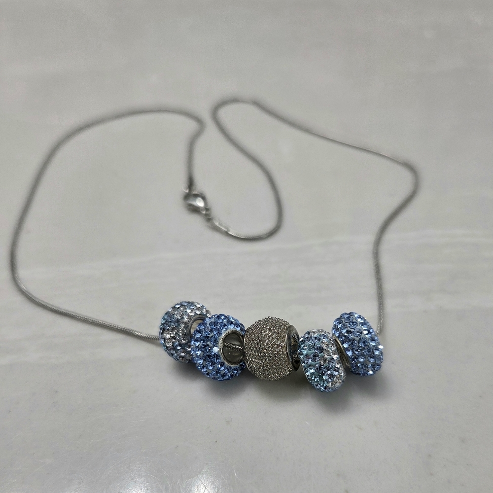 Blue Crystal Bead Charm Necklace - 925 Sterling Silver